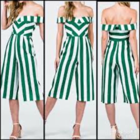 &merci Pants - &Merci Green White Stripe Off the Shoulder Jumpsuit Size Small NWT